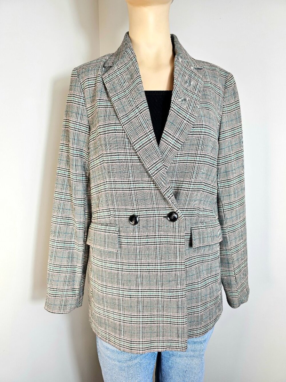MNG Mango Plaid Blazer Size S Tailored Double Button Jacket